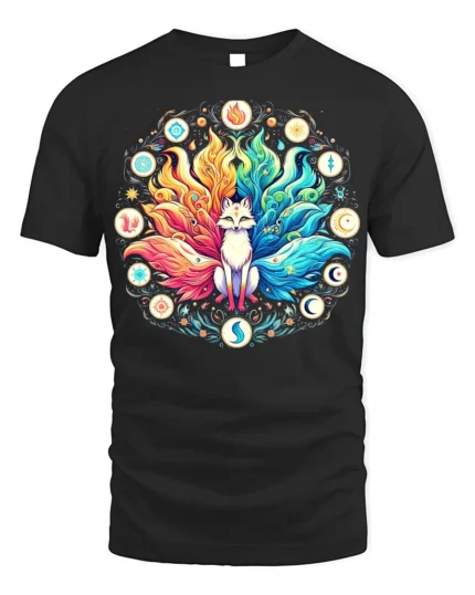 Celestial Fox Elements T-Shirt Mystical Kitsune Tee Art - black t-shirt on white background