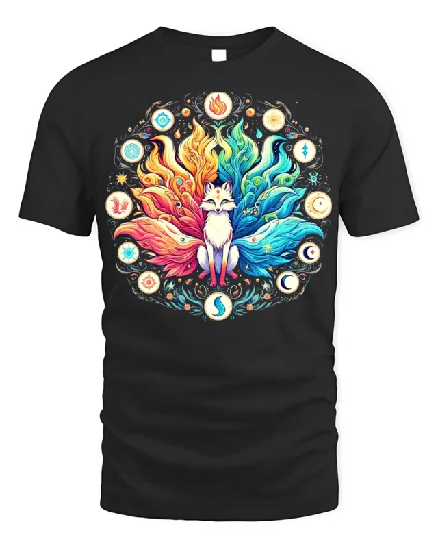 Celestial Fox Elements T-Shirt Mystical Kitsune Tee Art - black t-shirt on white background