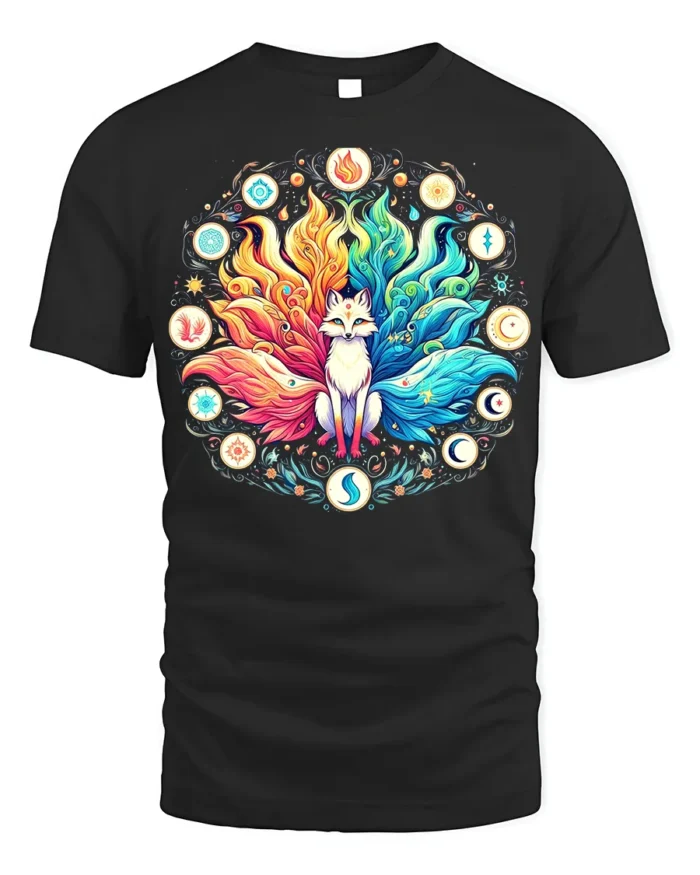 Celestial Fox Elements T-Shirt Mystical Kitsune Tee Art - black t-shirt on white background