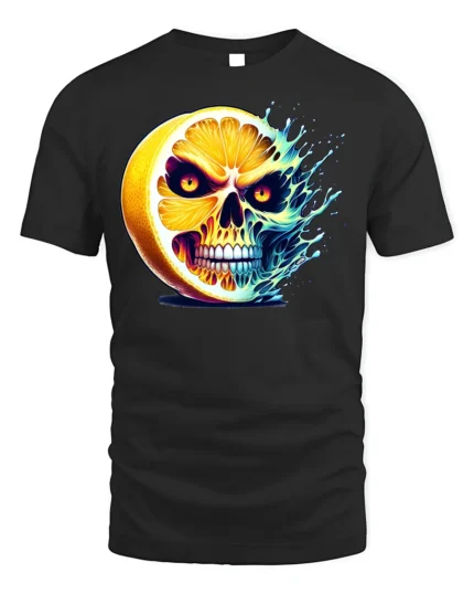 Citrus Skull Explosion T-Shirt Spooky Fruit Graphic - black t-shirt on white background