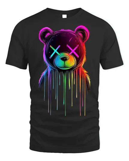Neon Drip Bear T-Shirt Trippy Colorful Urban Streetwear - black t-shirt on white background