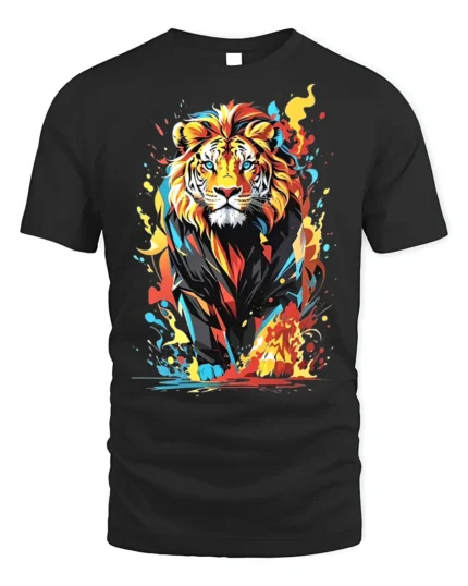 Color Burst Lion T-Shirt Fierce Vibrant Jungle King - black t-shirt on white background