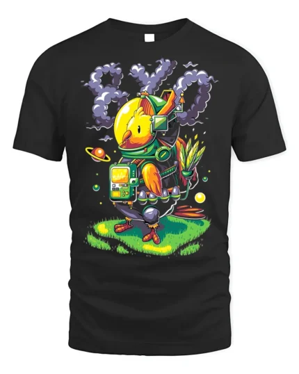 Space Chicken Explorer T-Shirt Funny Sci-Fi Animal - black t-shirt on white background
