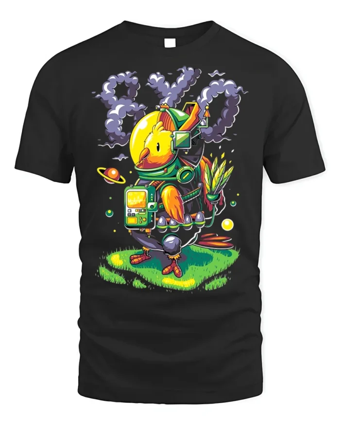Space Chicken Explorer T-Shirt Funny Sci-Fi Animal - black t-shirt on white background