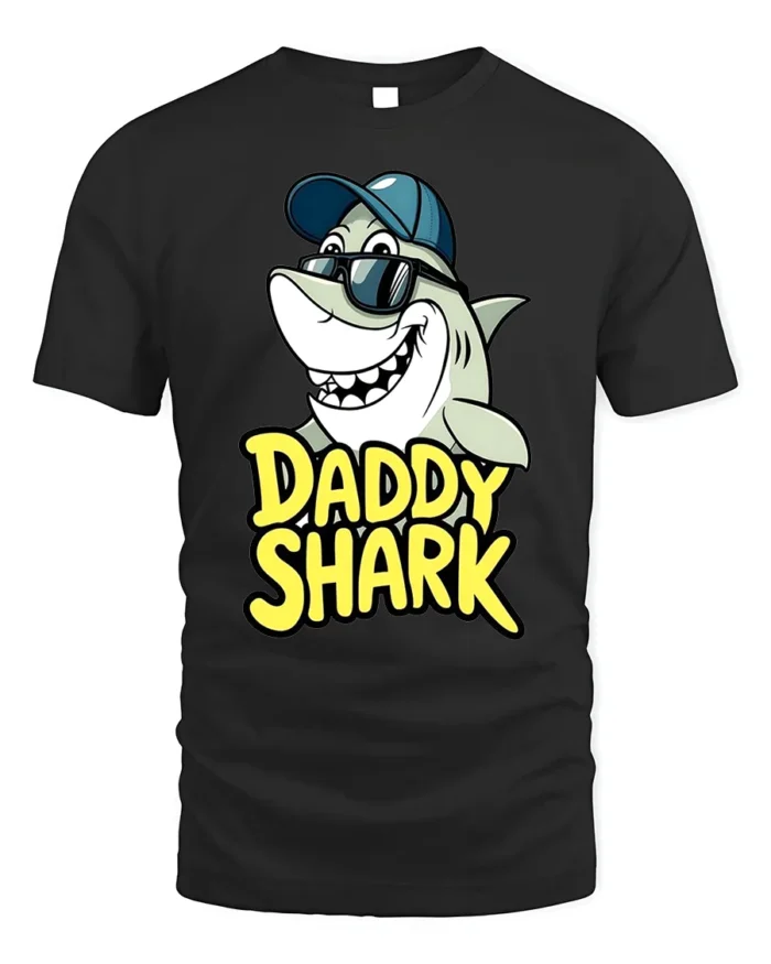 Daddy Shark T-Shirt Funny Father’s Day Gift for Dad - black t-shirt on white background