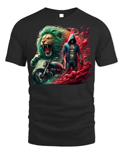 Biker Lion T-Shirt Fierce Urban Warrior Graphic Tee - black t-shirt on white background