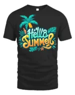 Hello Summer T-Shirt Colorful Palm Tree Beach Vibes - black t-shirt on white background