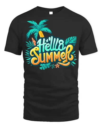 Hello Summer T-Shirt Colorful Palm Tree Beach Vibes - black t-shirt on white background