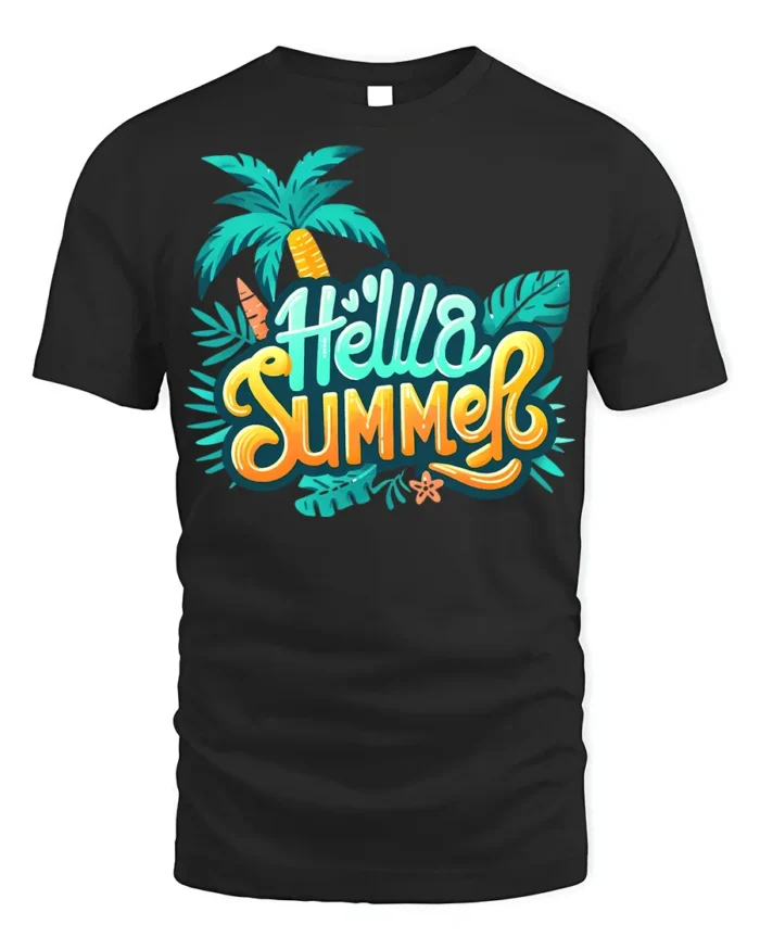 Hello Summer T-Shirt Colorful Palm Tree Beach Vibes - black t-shirt on white background