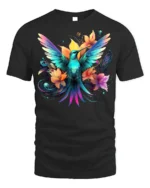 Hummingbird Floral T-Shirt Vibrant Colorful Nature - black t-shirt on white background