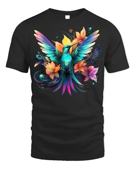 Hummingbird Floral T-Shirt Vibrant Colorful Nature - black t-shirt on white background
