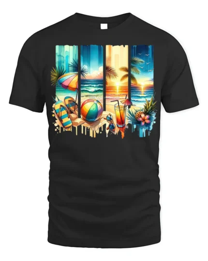 Tropical Beach Sunset T-Shirt Summer Vacation Vibes - black t-shirt on white background