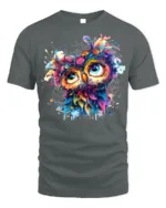 Colorful Owl Art T-Shirt Psychedelic Vibe on Soft Cotton - gray t-shirt on white background