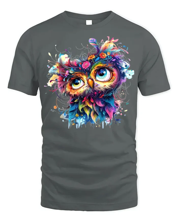 Colorful Owl Art T-Shirt Psychedelic Vibe on Soft Cotton - gray t-shirt on white background