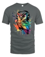 DJ Owl T-Shirt Colorful Headphones Bird for Music Fans - gray t-shirt on white background
