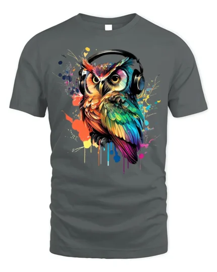 DJ Owl T-Shirt Colorful Headphones Bird for Music Fans - gray t-shirt on white background