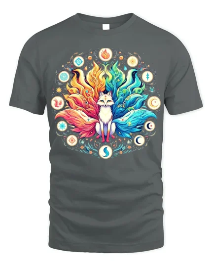 Celestial Fox Elements T-Shirt Mystical Kitsune Tee Art - gray t-shirt on white background