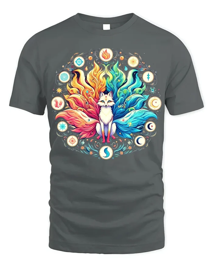 Celestial Fox Elements T-Shirt Mystical Kitsune Tee Art - gray t-shirt on white background