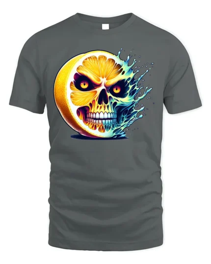 Citrus Skull Explosion T-Shirt Spooky Fruit Graphic - gray t-shirt on white background
