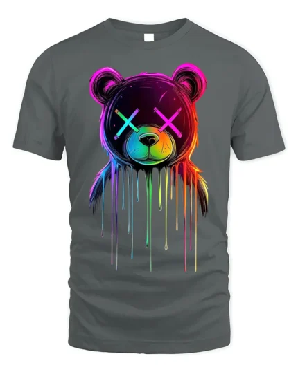 Neon Drip Bear T-Shirt Trippy Colorful Urban Streetwear - gray t-shirt on white background