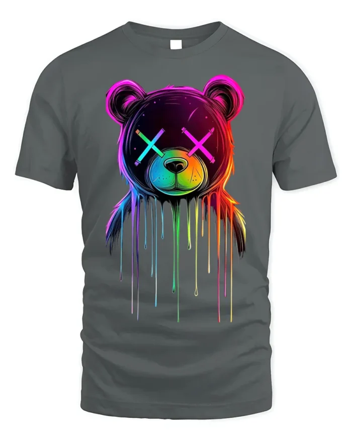 Neon Drip Bear T-Shirt Trippy Colorful Urban Streetwear - gray t-shirt on white background