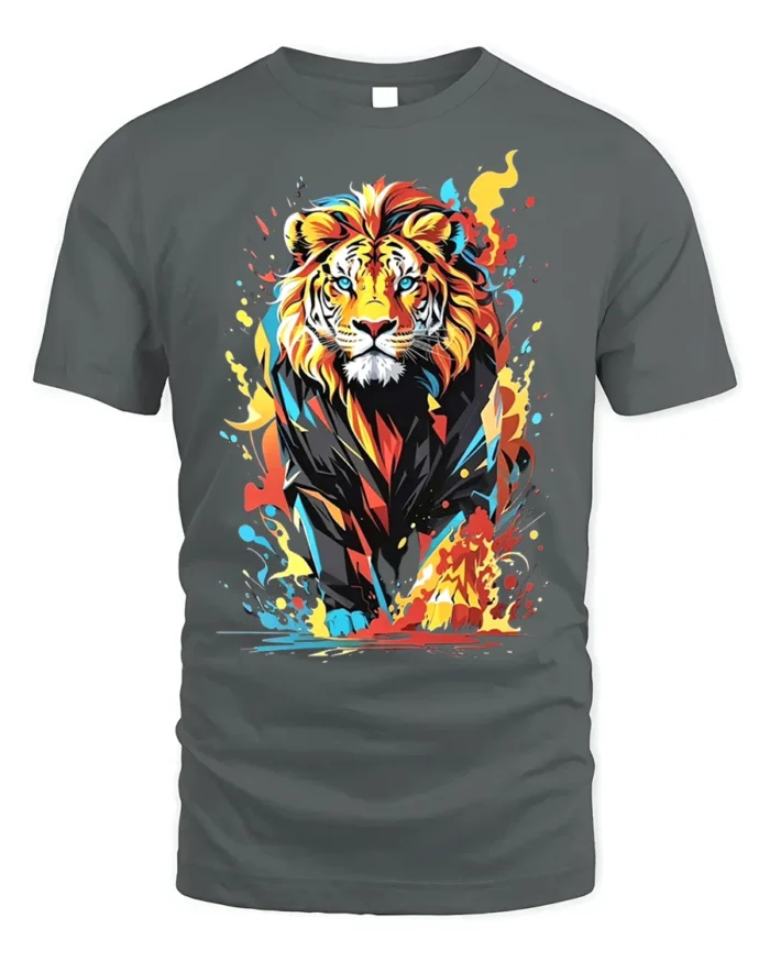 Color Burst Lion T-Shirt Fierce Vibrant Jungle King - gray t-shirt on white background