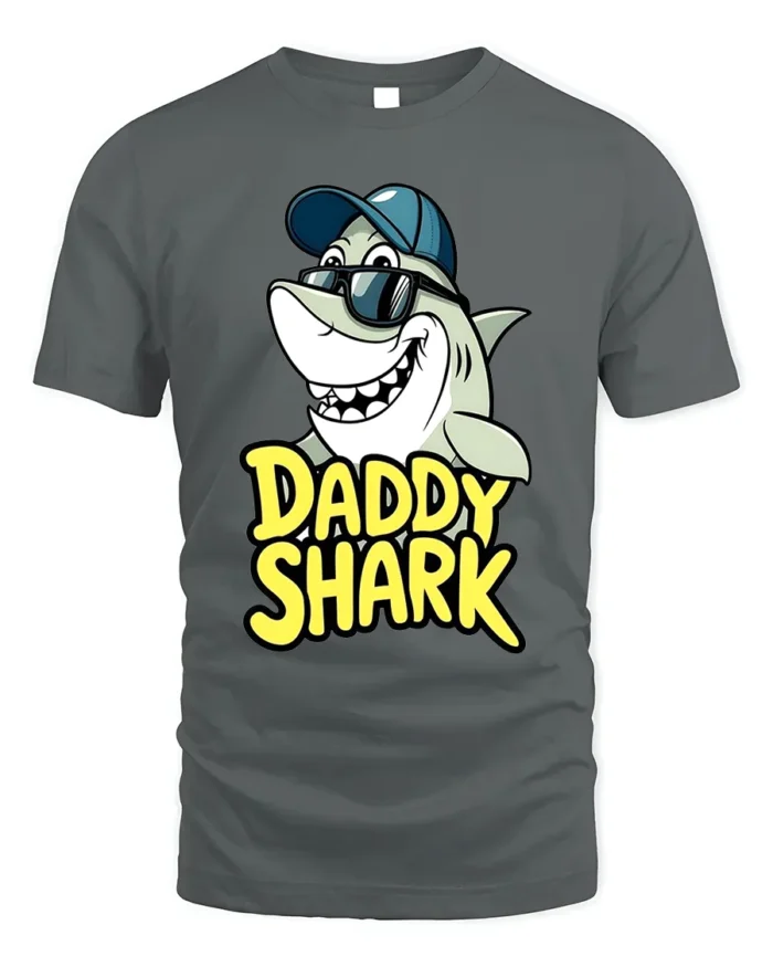 Daddy Shark T-Shirt Funny Father’s Day Gift for Dad - gray t-shirt on white background