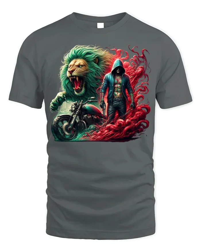 Biker Lion T-Shirt Fierce Urban Warrior Graphic Tee - gray t-shirt on white background