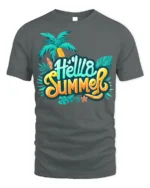 Hello Summer T-Shirt Colorful Palm Tree Beach Vibes - gray t-shirt on white background