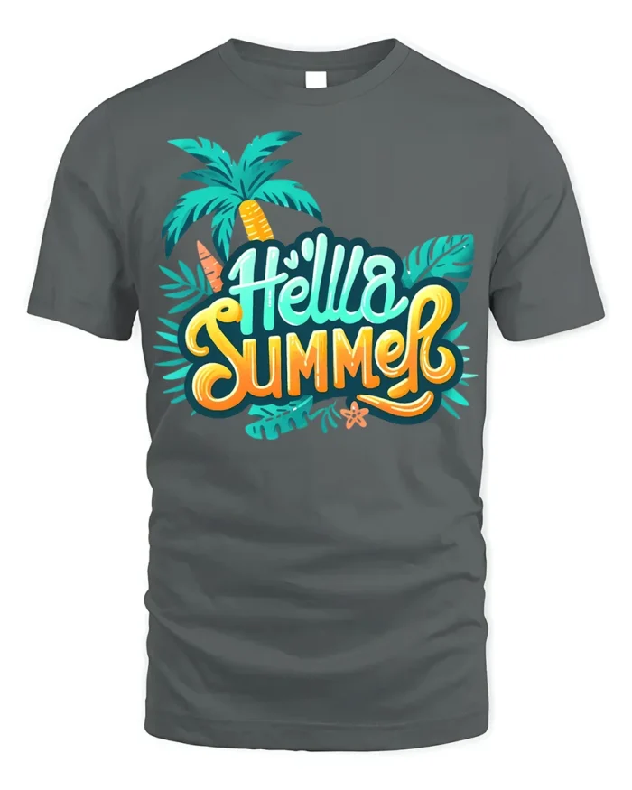 Hello Summer T-Shirt Colorful Palm Tree Beach Vibes - gray t-shirt on white background