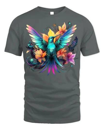 Hummingbird Floral T-Shirt Vibrant Colorful Nature - gray t-shirt on white background