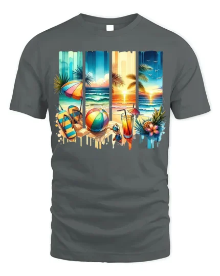 Tropical Beach Sunset T-Shirt Summer Vacation Vibes - gray t-shirt on white background