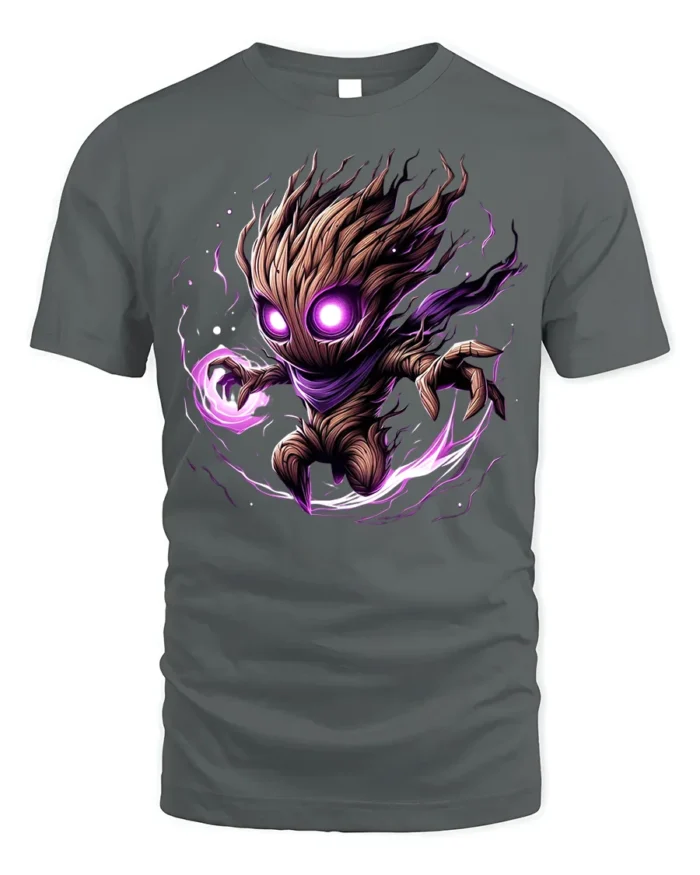 Dark Cosmic Tree Warrior T-Shirt - Fantasy Power Graphic - gray t-shirt on white background