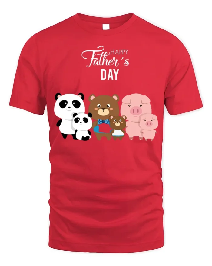 Happy Father’s Day Family Bears Pigs T-Shirt - red t-shirt on white background