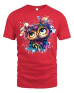 Colorful Owl Art T-Shirt Psychedelic Vibe on Soft Cotton - red t-shirt on white background