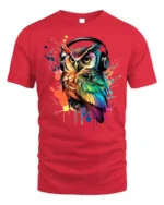 DJ Owl T-Shirt Colorful Headphones Bird for Music Fans - red t-shirt on white background