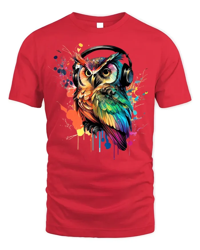 DJ Owl T-Shirt Colorful Headphones Bird for Music Fans - red t-shirt on white background