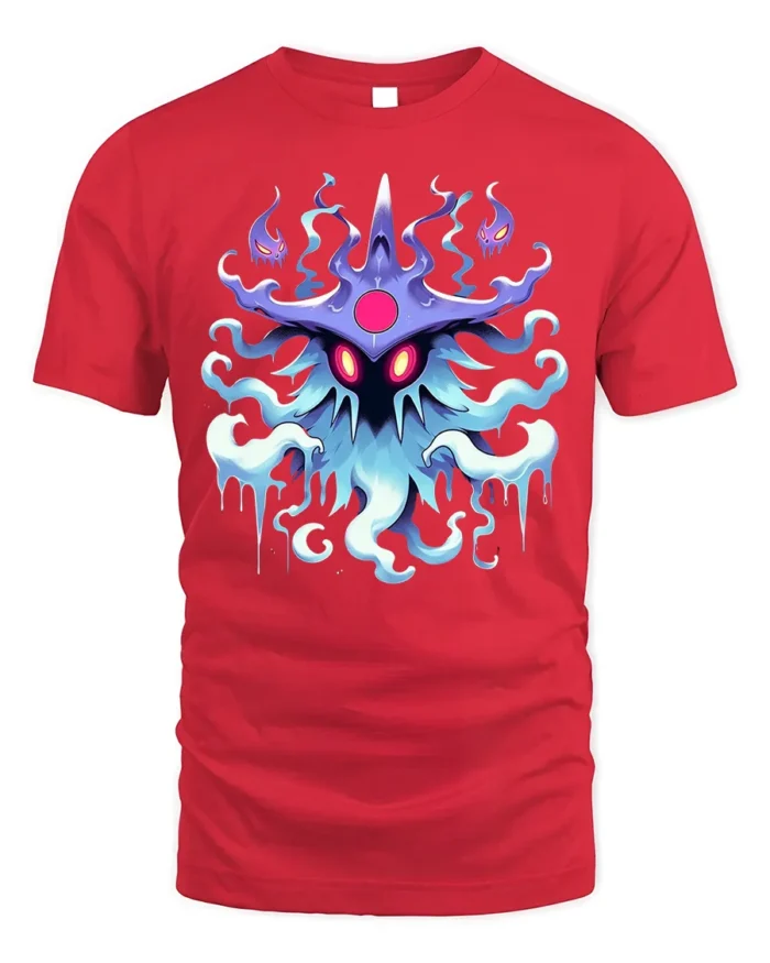 Mystic Spirit Monster T-Shirt Glow in Dark Look Ghost Tee - red t-shirt on white background