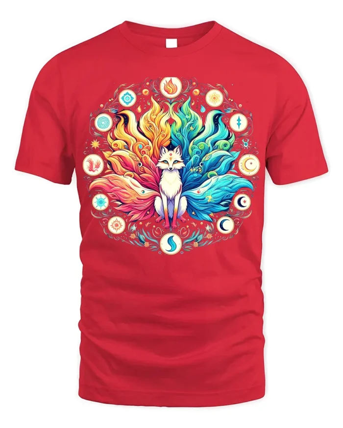 Celestial Fox Elements T-Shirt Mystical Kitsune Tee Art - red t-shirt on white background