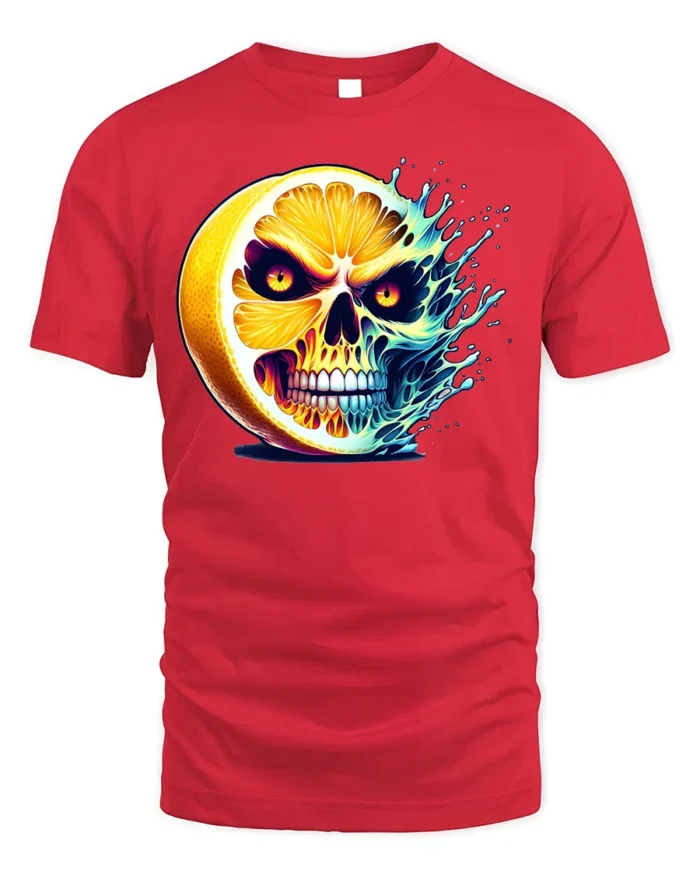 Citrus Skull Explosion T-Shirt Spooky Fruit Graphic - red t-shirt on white background