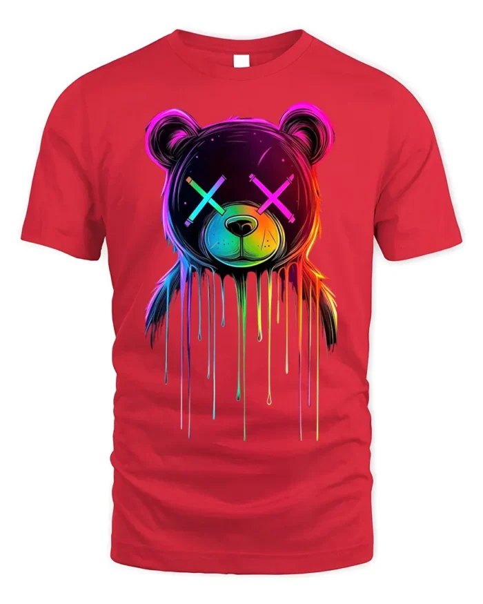 Neon Drip Bear T-Shirt Trippy Colorful Urban Streetwear - red t-shirt on white background