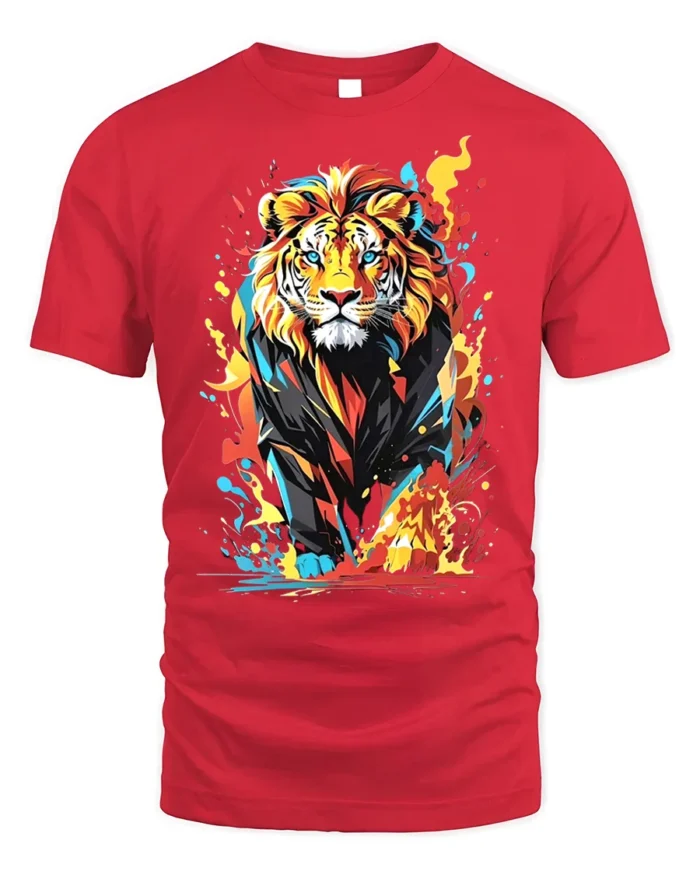 Color Burst Lion T-Shirt Fierce Vibrant Jungle King - red t-shirt on white background