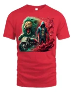 Biker Lion T-Shirt Fierce Urban Warrior Graphic Tee - red t-shirt on white background