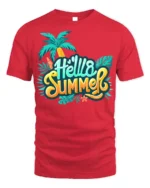 Hello Summer T-Shirt Colorful Palm Tree Beach Vibes - red t-shirt on white background