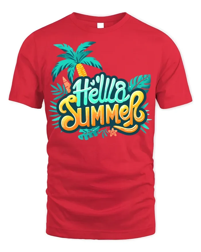 Hello Summer T-Shirt Colorful Palm Tree Beach Vibes - red t-shirt on white background