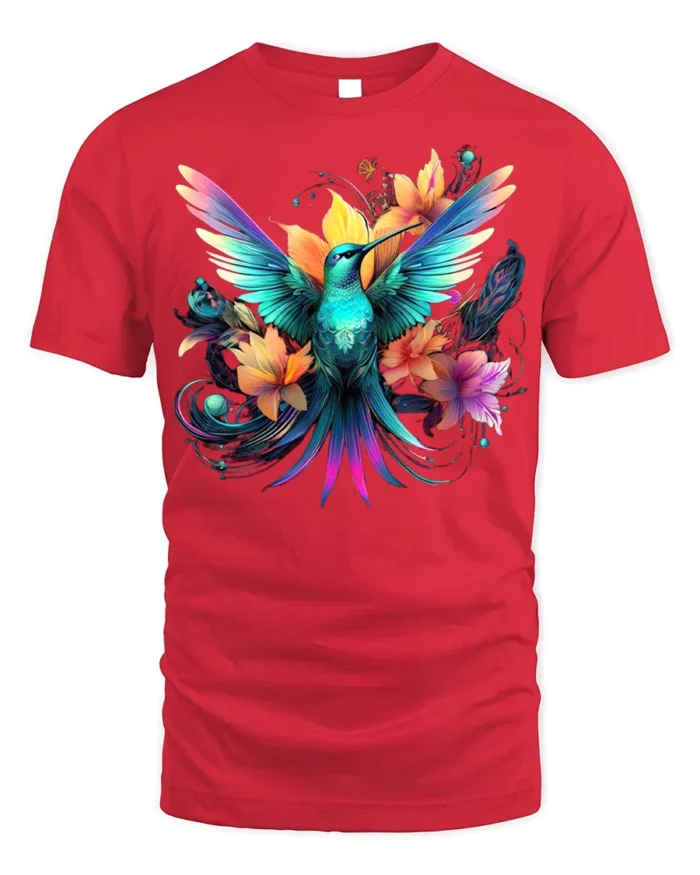 Hummingbird Floral T-Shirt Vibrant Colorful Nature - red t-shirt on white background