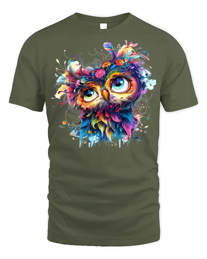 Colorful Owl Art T-Shirt Psychedelic Vibe on Soft Cotton - military green t-shirt on white background