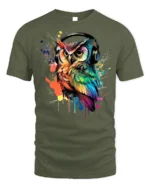 DJ Owl T-Shirt Colorful Headphones Bird for Music Fans - military green t-shirt on white background