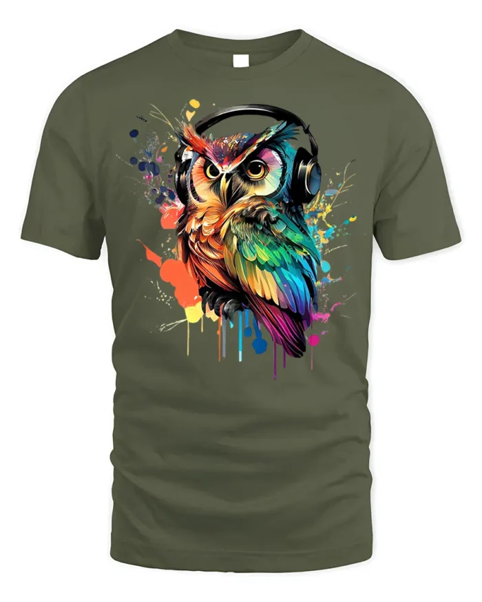 DJ Owl T-Shirt Colorful Headphones Bird for Music Fans - military green t-shirt on white background