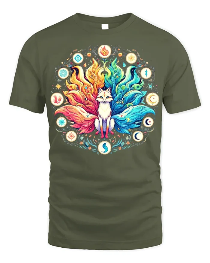 Celestial Fox Elements T-Shirt Mystical Kitsune Tee Art - military green t-shirt on white background